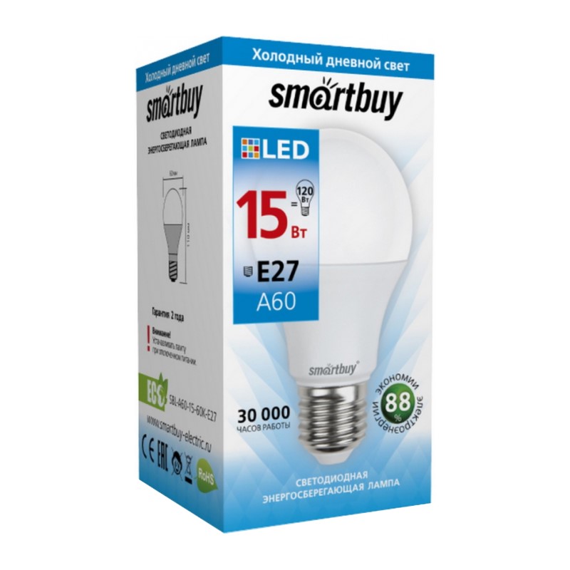Лампа светодиодная Smartbuy LED E27, груша, 15Вт, 230В, 6000К, холодный свет