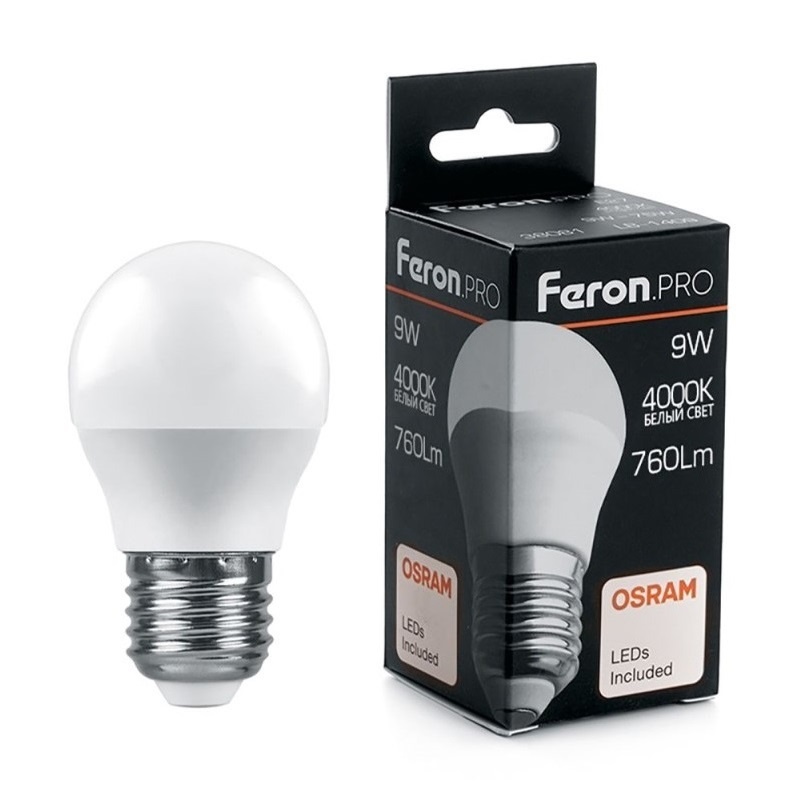 Лампа светодиодная Feron Pro LED E27, шар, 9Вт, 230В, 4000К, нейтральный свет
