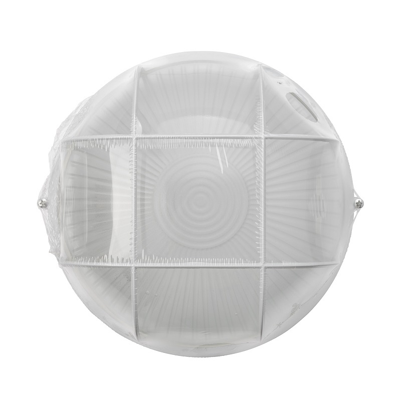 Светильник НПБ под Е27, 100 Вт, круг с решеткой, белый металл+стекло, IP54