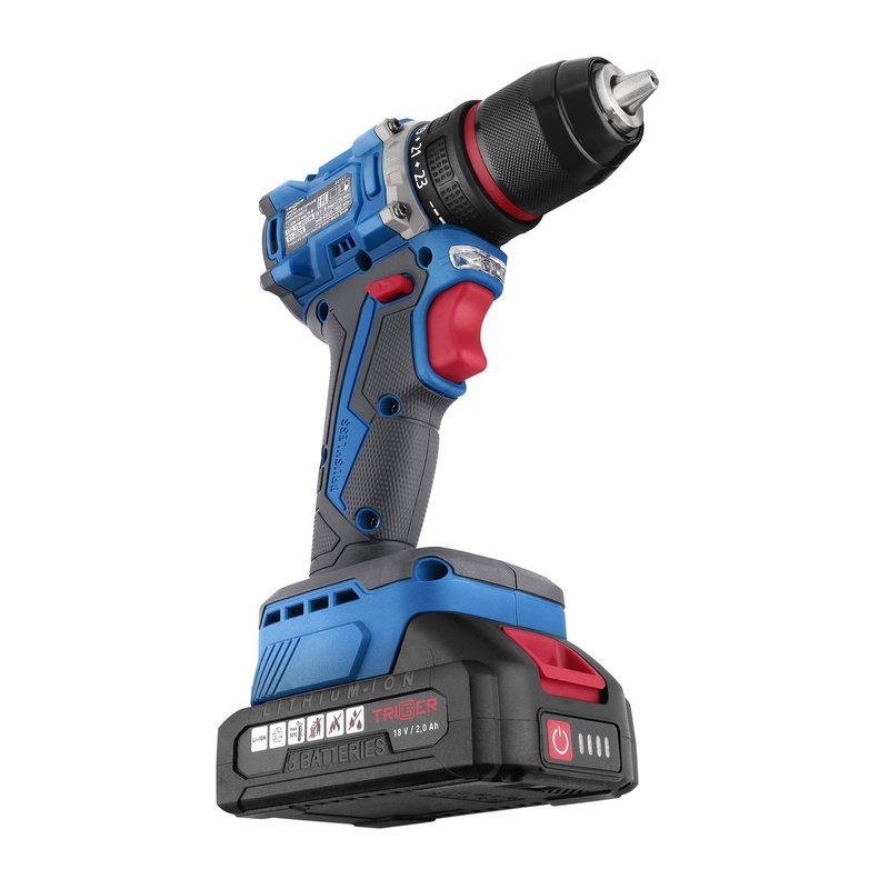 Дрель-шуруповерт Trigger 20121, бесщеточная, 2 аккумулятора Li-ion (2Ач), 18V, 13 мм, 58 Нм, кейс