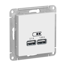 Розетка USB с/у Atlasdesign ATN000133, 2 гнезда, тип А, 2.1 А, белая